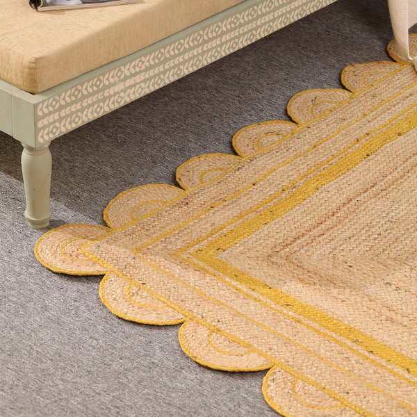 Handmade Natural Jute Rug with Yellow Border | Scalloped Edge Area Rug | Eco-Friendly Boho Living Room Carpet