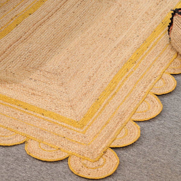 Handmade Natural Jute Rug with Yellow Border | Scalloped Edge Area Rug | Eco-Friendly Boho Living Room Carpet