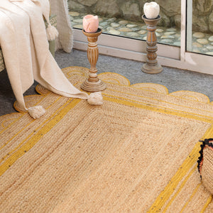 Handmade Natural Jute Rug with Yellow Border | Scalloped Edge Area Rug | Eco-Friendly Boho Living Room Carpet