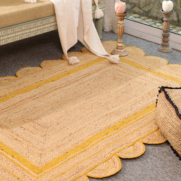 Handmade Natural Jute Rug with Yellow Border | Scalloped Edge Area Rug | Eco-Friendly Boho Living Room Carpet