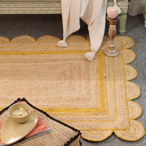 Handmade Natural Jute Rug with Yellow Border | Scalloped Edge Area Rug | Eco-Friendly Boho Living Room Carpet