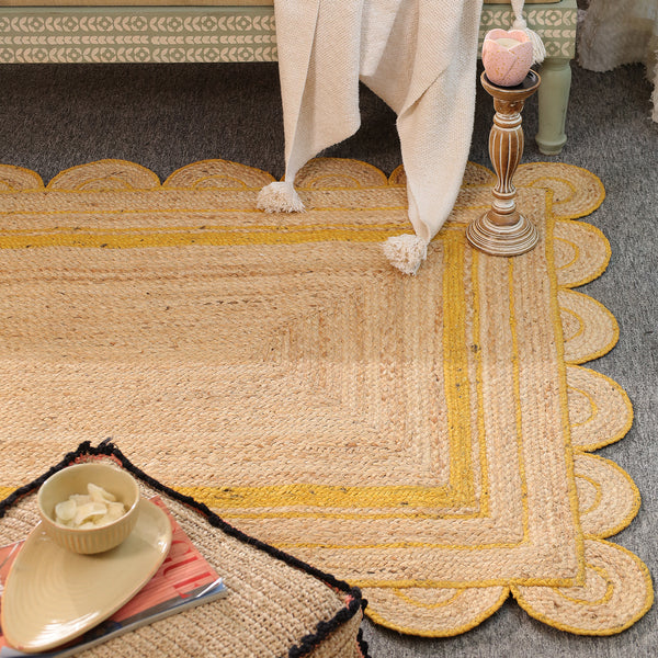 Handmade Natural Jute Rug with Yellow Border | Scalloped Edge Area Rug | Eco-Friendly Boho Living Room Carpet