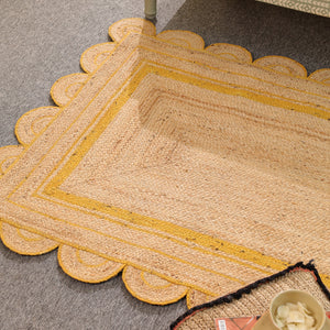 Handmade Natural Jute Rug with Yellow Border | Scalloped Edge Area Rug | Eco-Friendly Boho Living Room Carpet