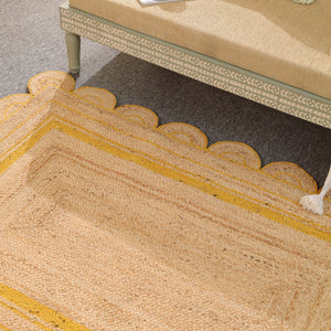 Handmade Natural Jute Rug with Yellow Border | Scalloped Edge Area Rug | Eco-Friendly Boho Living Room Carpet