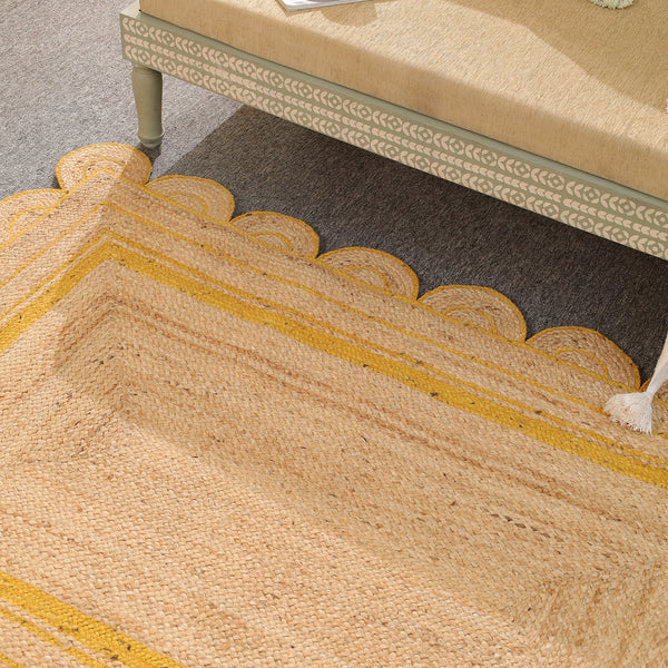 Handmade Natural Jute Rug with Yellow Border | Scalloped Edge Area Rug | Eco-Friendly Boho Living Room Carpet