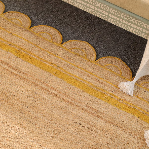 Handmade Natural Jute Rug with Yellow Border | Scalloped Edge Area Rug | Eco-Friendly Boho Living Room Carpet
