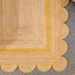 Handmade Natural Jute Rug with Yellow Border | Scalloped Edge Area Rug | Eco-Friendly Boho Living Room Carpet