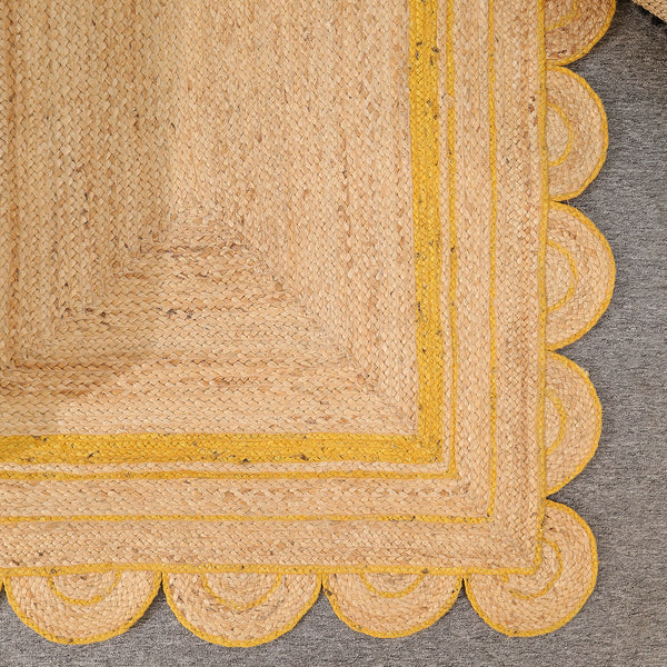 Handmade Natural Jute Rug with Yellow Border | Scalloped Edge Area Rug | Eco-Friendly Boho Living Room Carpet