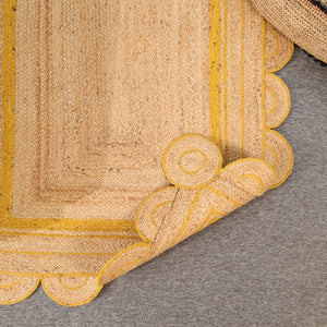Handmade Natural Jute Rug with Yellow Border | Scalloped Edge Area Rug | Eco-Friendly Boho Living Room Carpet