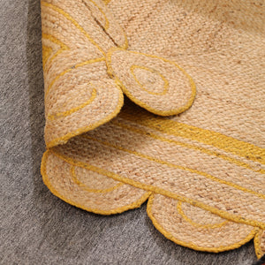 Handmade Natural Jute Rug with Yellow Border | Scalloped Edge Area Rug | Eco-Friendly Boho Living Room Carpet