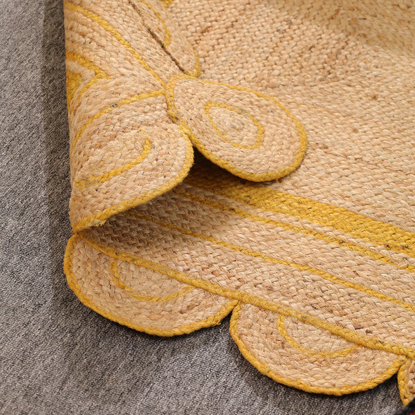 Handmade Natural Jute Rug with Yellow Border | Scalloped Edge Area Rug | Eco-Friendly Boho Living Room Carpet