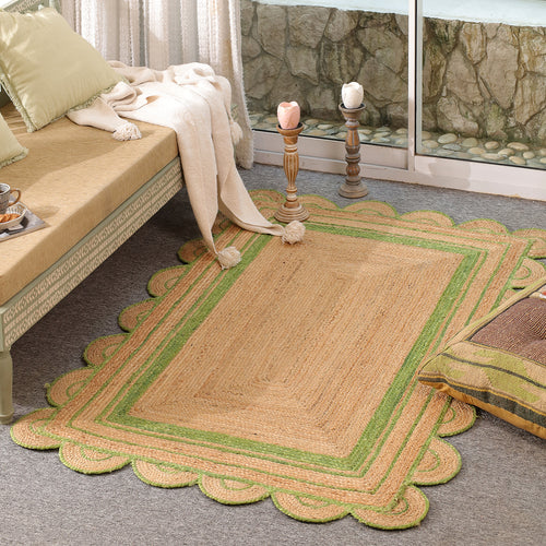Handwoven Scalloped Natural Jute Rug with Border for Living Room