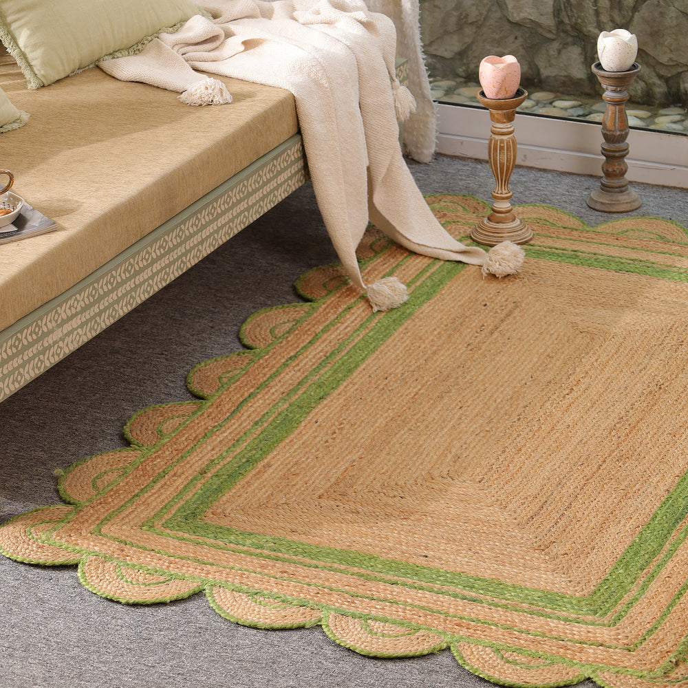 Handwoven Natural Jute Area Rug with Sage Green Scalloped Border | Eco-Friendly Handmade Rug