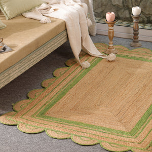 Handwoven Natural Jute Area Rug with Sage Green Scalloped Border | Eco-Friendly Handmade Rug