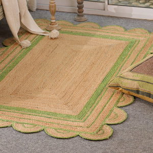 Handwoven Natural Jute Area Rug with Sage Green Scalloped Border | Eco-Friendly Handmade Rug