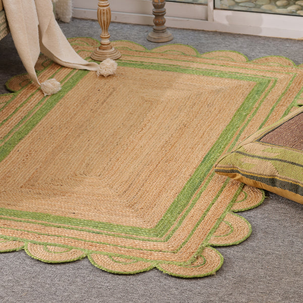 Handwoven Natural Jute Area Rug with Sage Green Scalloped Border | Eco-Friendly Handmade Rug