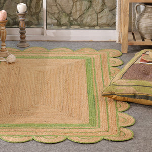 Handwoven Natural Jute Area Rug with Sage Green Scalloped Border | Eco-Friendly Handmade Rug