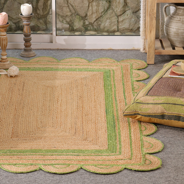 Handwoven Natural Jute Area Rug with Sage Green Scalloped Border | Eco-Friendly Handmade Rug