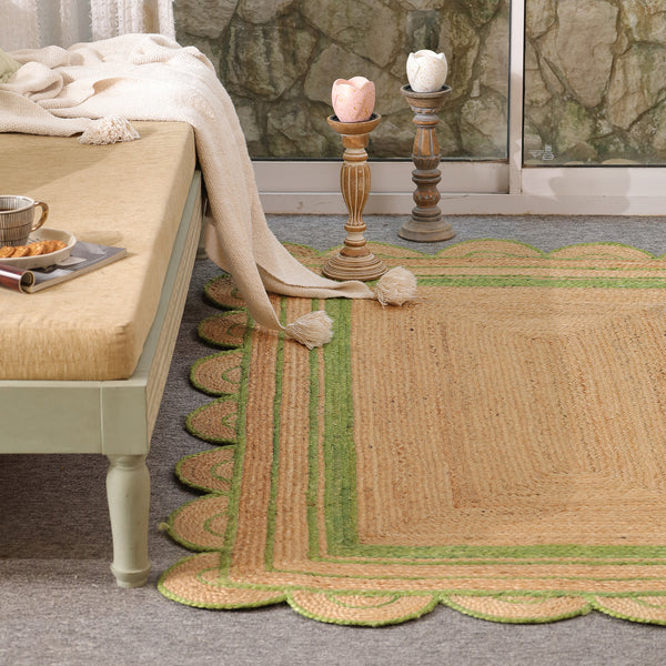 Handwoven Natural Jute Area Rug with Sage Green Scalloped Border | Eco-Friendly Handmade Rug