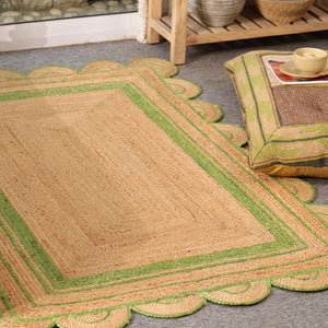 Handwoven Natural Jute Area Rug with Sage Green Scalloped Border | Eco-Friendly Handmade Rug