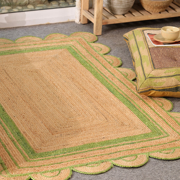 Handwoven Natural Jute Area Rug with Sage Green Scalloped Border | Eco-Friendly Handmade Rug