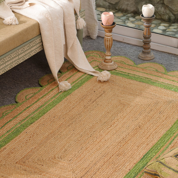 Handwoven Natural Jute Area Rug with Sage Green Scalloped Border | Eco-Friendly Handmade Rug
