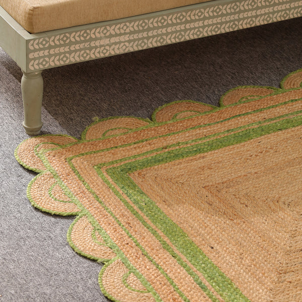 Handwoven Natural Jute Area Rug with Sage Green Scalloped Border | Eco-Friendly Handmade Rug