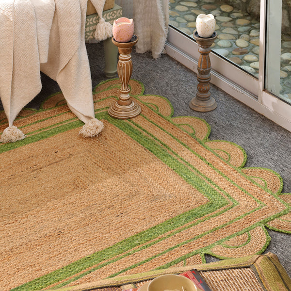 Handwoven Natural Jute Area Rug with Sage Green Scalloped Border | Eco-Friendly Handmade Rug