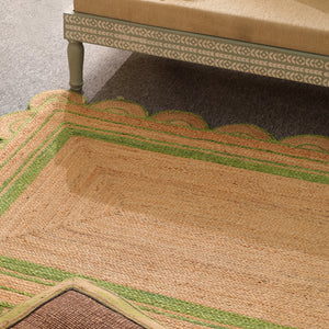 Handwoven Natural Jute Area Rug with Sage Green Scalloped Border | Eco-Friendly Handmade Rug