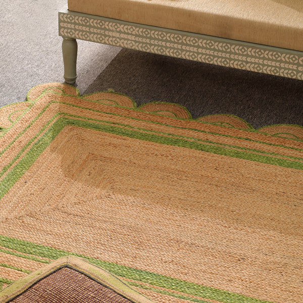 Handwoven Natural Jute Area Rug with Sage Green Scalloped Border | Eco-Friendly Handmade Rug