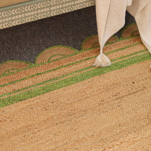 Handwoven Natural Jute Area Rug with Sage Green Scalloped Border | Eco-Friendly Handmade Rug