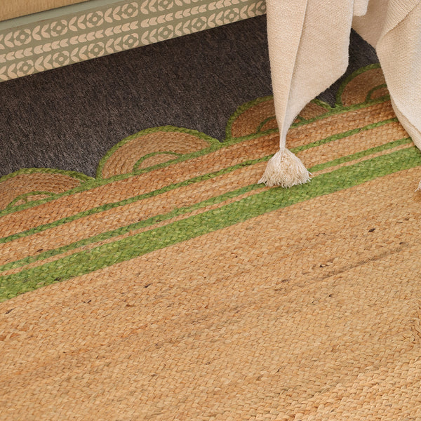 Handwoven Natural Jute Area Rug with Sage Green Scalloped Border | Eco-Friendly Handmade Rug