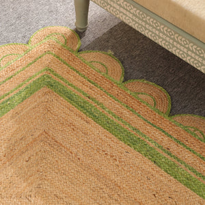 Handwoven Natural Jute Area Rug with Sage Green Scalloped Border | Eco-Friendly Handmade Rug