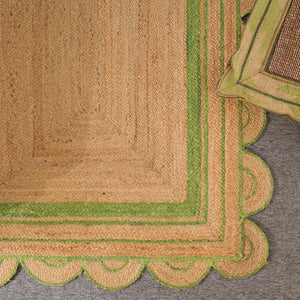 Handwoven Natural Jute Area Rug with Sage Green Scalloped Border | Eco-Friendly Handmade Rug