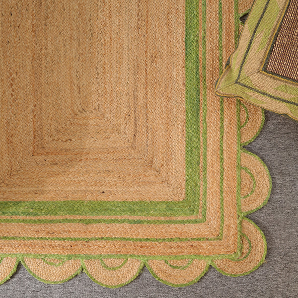 Handwoven Natural Jute Area Rug with Sage Green Scalloped Border | Eco-Friendly Handmade Rug