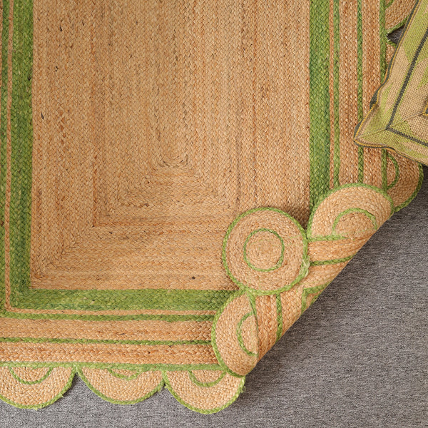 Handwoven Natural Jute Area Rug with Sage Green Scalloped Border | Eco-Friendly Handmade Rug