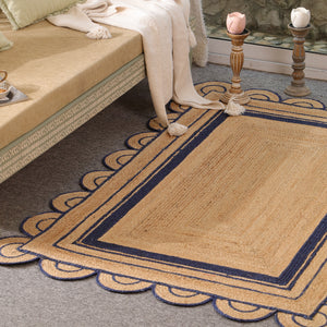 Handwoven Natural Jute Area Rug with Navy Blue Scalloped Border | Eco-Friendly Living Room Carpet