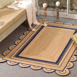 Handwoven Natural Jute Area Rug with Navy Blue Scalloped Border | Eco-Friendly Living Room Carpet