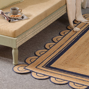 Handwoven Natural Jute Area Rug with Navy Blue Scalloped Border | Eco-Friendly Living Room Carpet