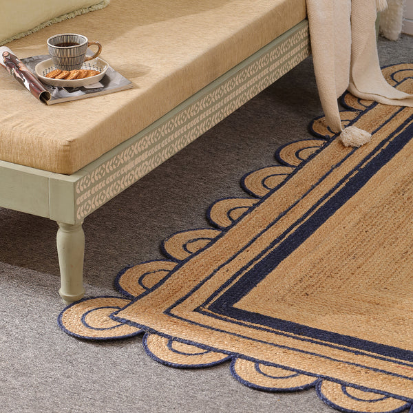 Handwoven Natural Jute Area Rug with Navy Blue Scalloped Border | Eco-Friendly Living Room Carpet