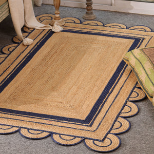 Handwoven Natural Jute Area Rug with Navy Blue Scalloped Border | Eco-Friendly Living Room Carpet