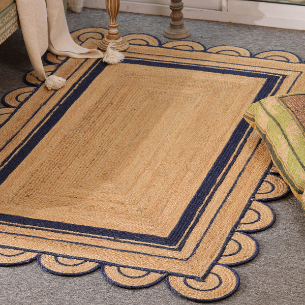 Handwoven Natural Jute Area Rug with Navy Blue Scalloped Border | Eco-Friendly Living Room Carpet