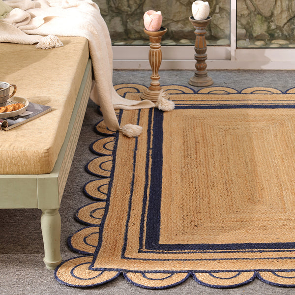 Handwoven Natural Jute Area Rug with Navy Blue Scalloped Border | Eco-Friendly Living Room Carpet
