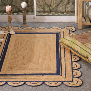 Handwoven Natural Jute Area Rug with Navy Blue Scalloped Border | Eco-Friendly Living Room Carpet
