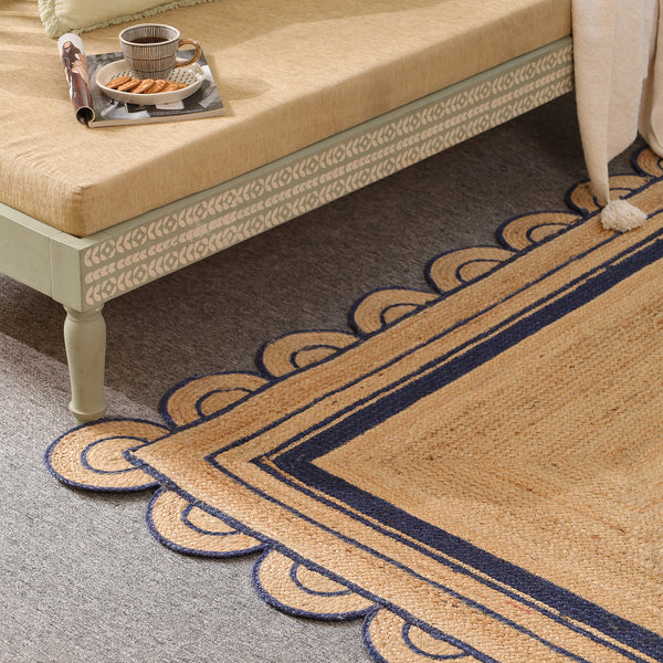 Handwoven Natural Jute Area Rug with Navy Blue Scalloped Border | Eco-Friendly Living Room Carpet