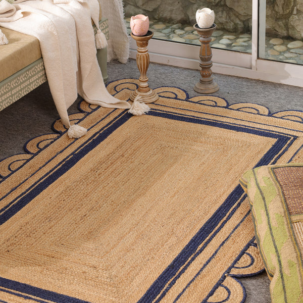 Handwoven Natural Jute Area Rug with Navy Blue Scalloped Border | Eco-Friendly Living Room Carpet
