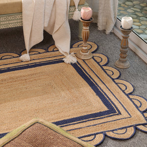 Handwoven Natural Jute Area Rug with Navy Blue Scalloped Border | Eco-Friendly Living Room Carpet