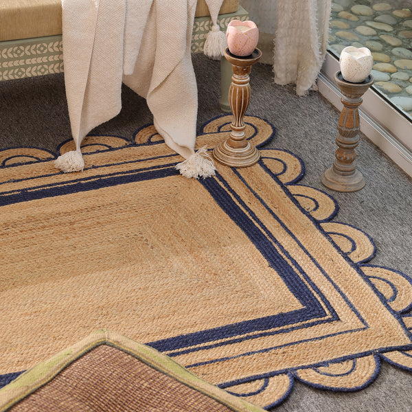 Handwoven Natural Jute Area Rug with Navy Blue Scalloped Border | Eco-Friendly Living Room Carpet