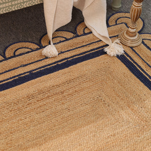 Handwoven Natural Jute Area Rug with Navy Blue Scalloped Border | Eco-Friendly Living Room Carpet