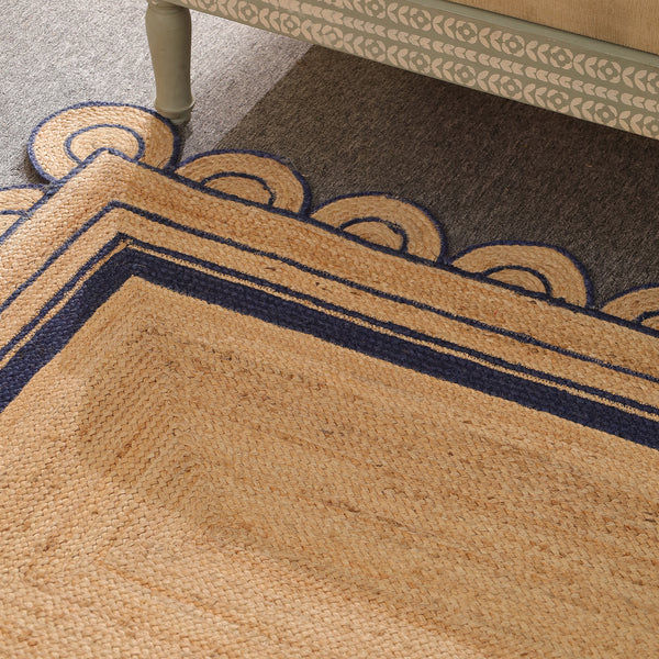 Handwoven Natural Jute Area Rug with Navy Blue Scalloped Border | Eco-Friendly Living Room Carpet